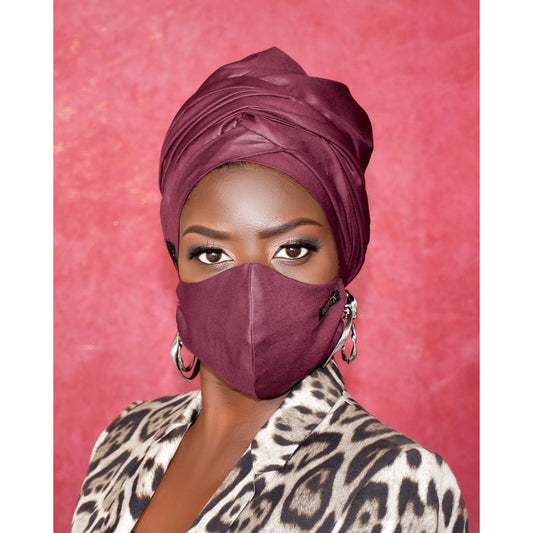 Red Wine Turban and Face Mask Set - Nganoh